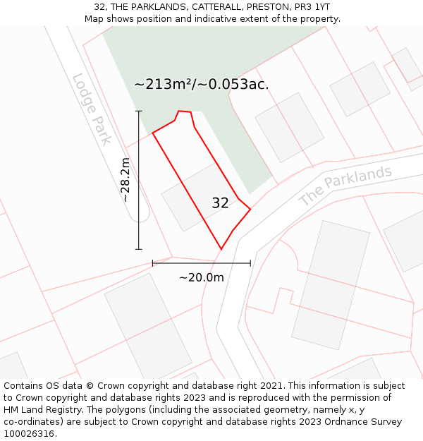 32, THE PARKLANDS, CATTERALL, PRESTON, PR3 1YT: Plot and title map