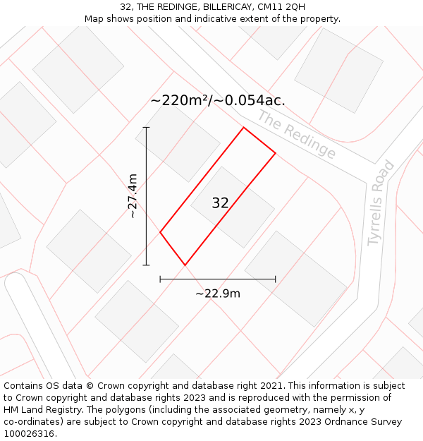 32, THE REDINGE, BILLERICAY, CM11 2QH: Plot and title map
