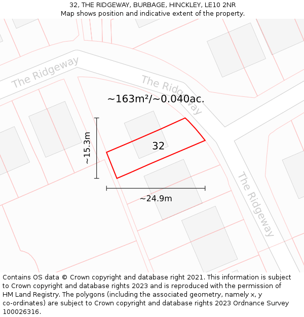 32, THE RIDGEWAY, BURBAGE, HINCKLEY, LE10 2NR: Plot and title map