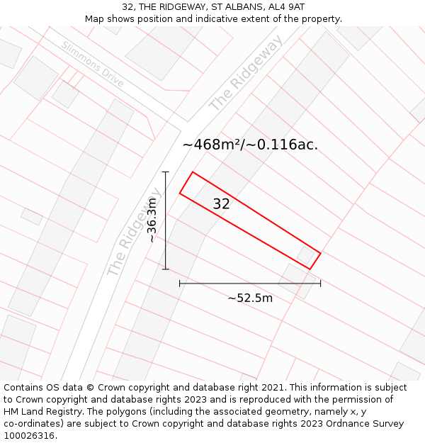 32, THE RIDGEWAY, ST ALBANS, AL4 9AT: Plot and title map