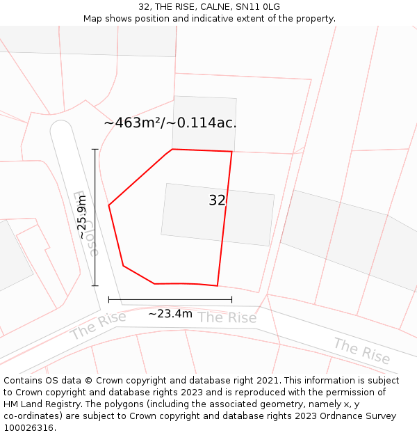 32, THE RISE, CALNE, SN11 0LG: Plot and title map
