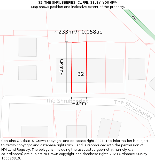 32, THE SHRUBBERIES, CLIFFE, SELBY, YO8 6PW: Plot and title map