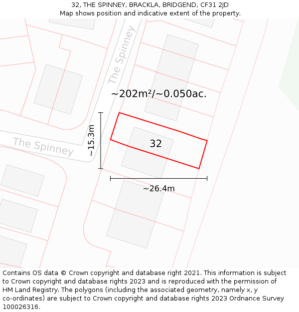 32, THE SPINNEY, BRACKLA, BRIDGEND, CF31 2JD: Plot and title map