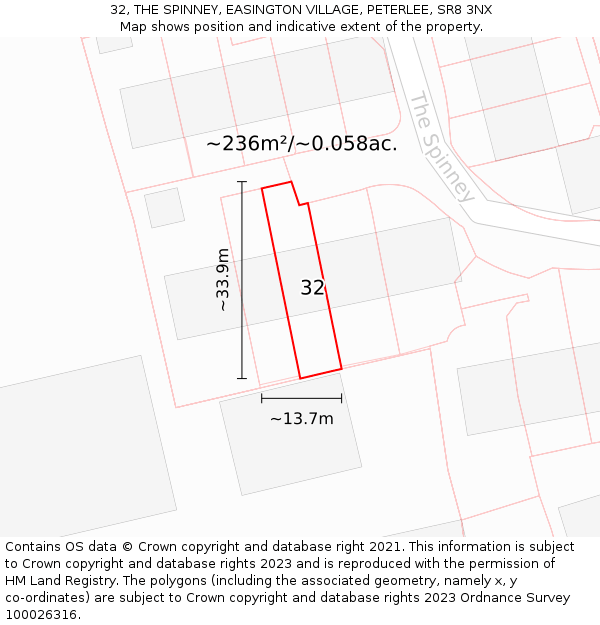 32, THE SPINNEY, EASINGTON VILLAGE, PETERLEE, SR8 3NX: Plot and title map