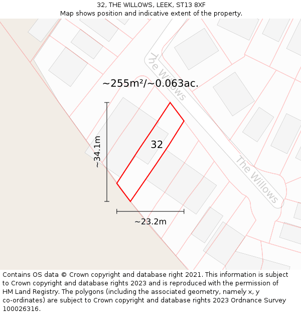32, THE WILLOWS, LEEK, ST13 8XF: Plot and title map