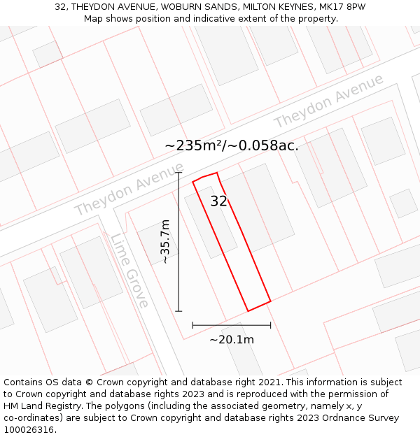 32, THEYDON AVENUE, WOBURN SANDS, MILTON KEYNES, MK17 8PW: Plot and title map