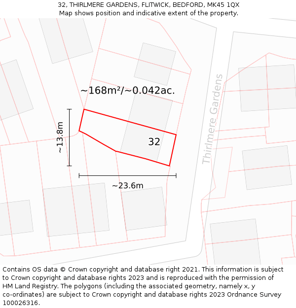 32, THIRLMERE GARDENS, FLITWICK, BEDFORD, MK45 1QX: Plot and title map