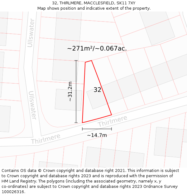 32, THIRLMERE, MACCLESFIELD, SK11 7XY: Plot and title map
