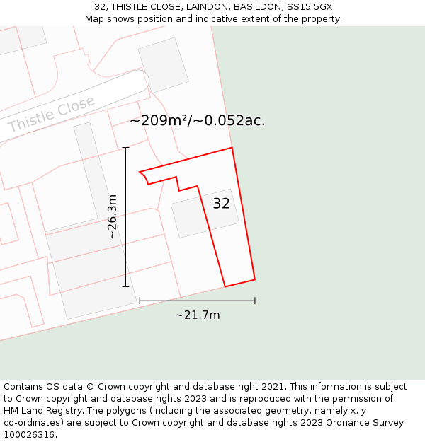 32, THISTLE CLOSE, LAINDON, BASILDON, SS15 5GX: Plot and title map