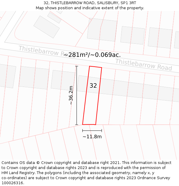 32, THISTLEBARROW ROAD, SALISBURY, SP1 3RT: Plot and title map