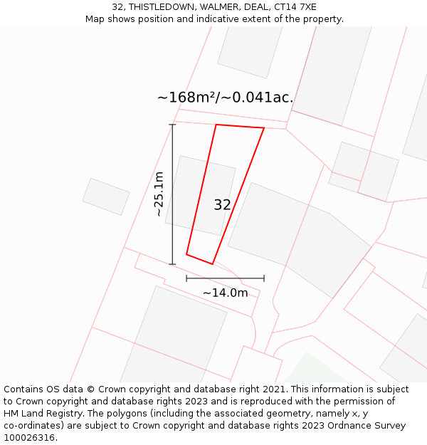 32, THISTLEDOWN, WALMER, DEAL, CT14 7XE: Plot and title map