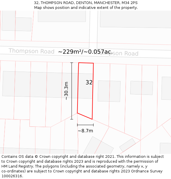 32, THOMPSON ROAD, DENTON, MANCHESTER, M34 2PS: Plot and title map