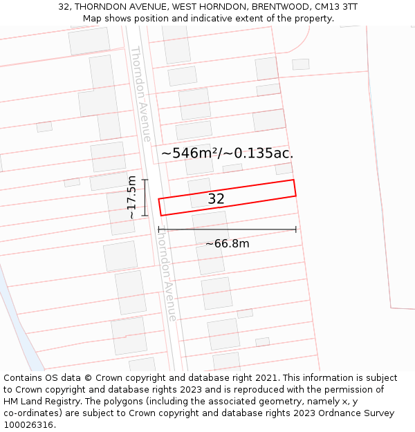 32, THORNDON AVENUE, WEST HORNDON, BRENTWOOD, CM13 3TT: Plot and title map
