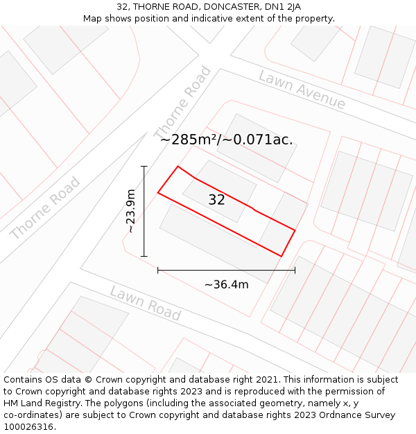 32, THORNE ROAD, DONCASTER, DN1 2JA: Plot and title map