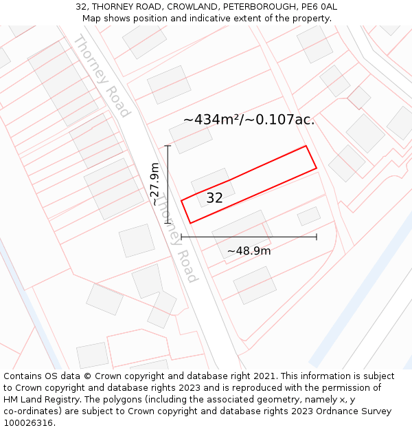 32, THORNEY ROAD, CROWLAND, PETERBOROUGH, PE6 0AL: Plot and title map