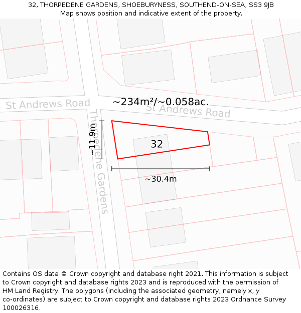 32, THORPEDENE GARDENS, SHOEBURYNESS, SOUTHEND-ON-SEA, SS3 9JB: Plot and title map