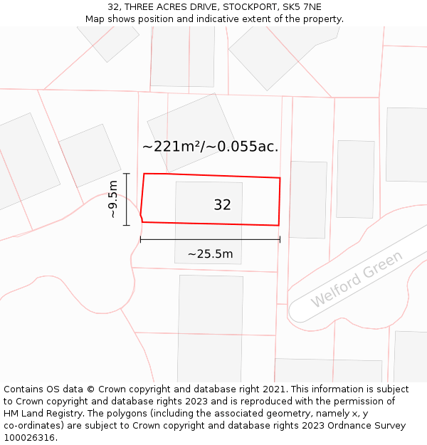 32, THREE ACRES DRIVE, STOCKPORT, SK5 7NE: Plot and title map