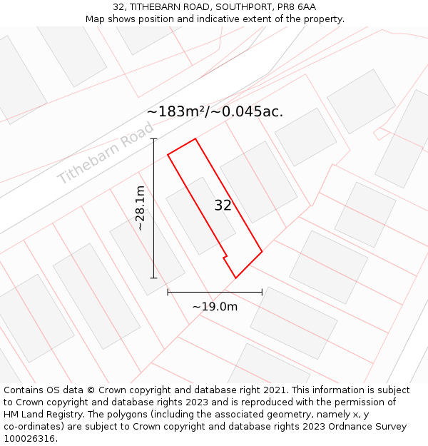 32, TITHEBARN ROAD, SOUTHPORT, PR8 6AA: Plot and title map