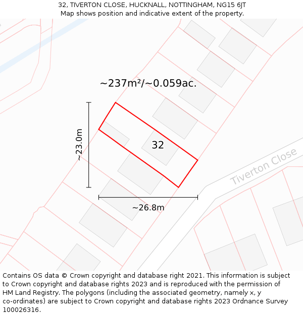32, TIVERTON CLOSE, HUCKNALL, NOTTINGHAM, NG15 6JT: Plot and title map