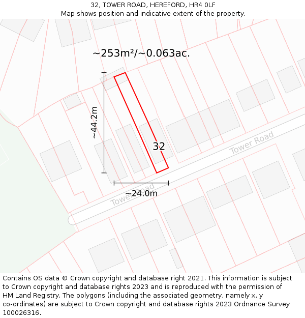 32, TOWER ROAD, HEREFORD, HR4 0LF: Plot and title map