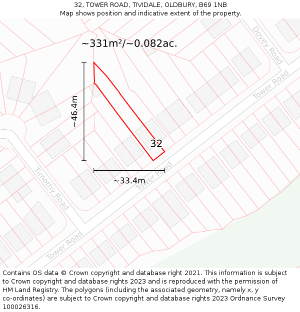 32, TOWER ROAD, TIVIDALE, OLDBURY, B69 1NB: Plot and title map