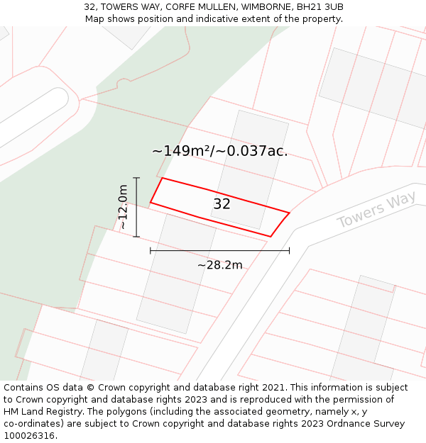 32, TOWERS WAY, CORFE MULLEN, WIMBORNE, BH21 3UB: Plot and title map