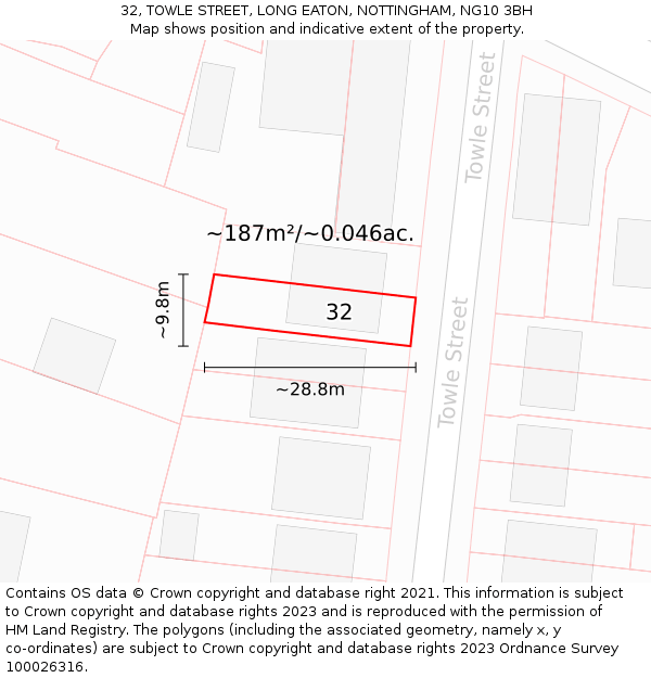 32, TOWLE STREET, LONG EATON, NOTTINGHAM, NG10 3BH: Plot and title map