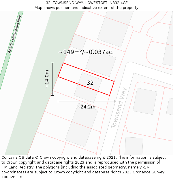 32, TOWNSEND WAY, LOWESTOFT, NR32 4GF: Plot and title map