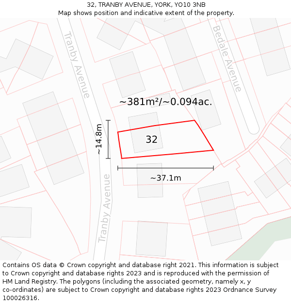32, TRANBY AVENUE, YORK, YO10 3NB: Plot and title map