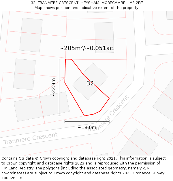 32, TRANMERE CRESCENT, HEYSHAM, MORECAMBE, LA3 2BE: Plot and title map