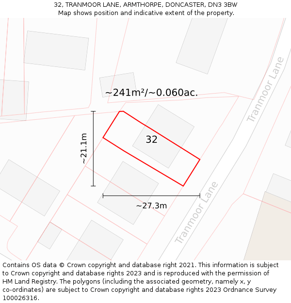 32, TRANMOOR LANE, ARMTHORPE, DONCASTER, DN3 3BW: Plot and title map