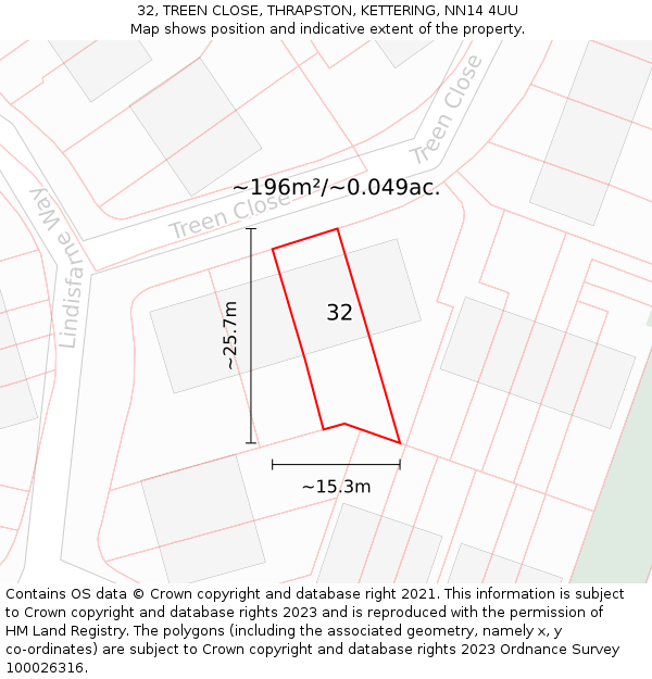 32, TREEN CLOSE, THRAPSTON, KETTERING, NN14 4UU: Plot and title map