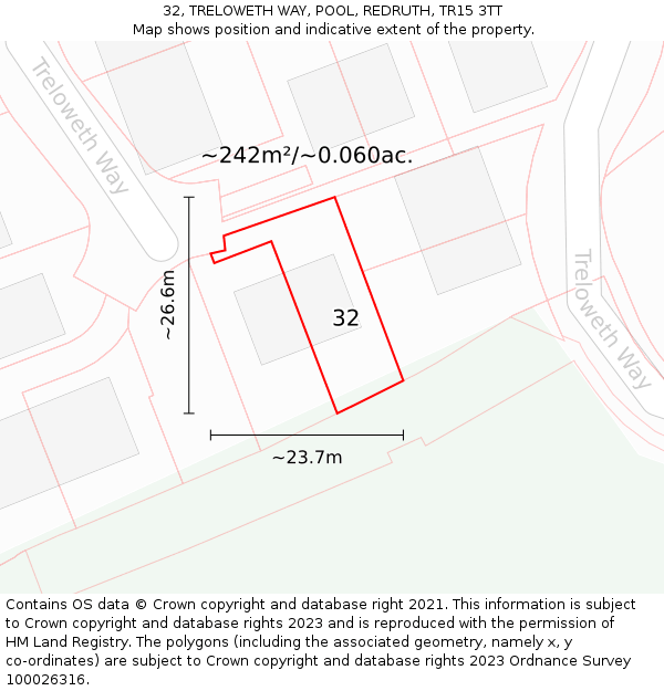32, TRELOWETH WAY, POOL, REDRUTH, TR15 3TT: Plot and title map