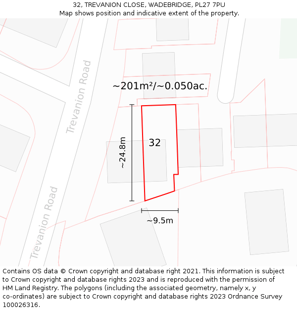 32, TREVANION CLOSE, WADEBRIDGE, PL27 7PU: Plot and title map
