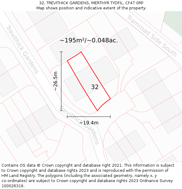 32, TREVITHICK GARDENS, MERTHYR TYDFIL, CF47 0RP: Plot and title map