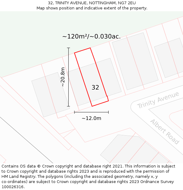 32, TRINITY AVENUE, NOTTINGHAM, NG7 2EU: Plot and title map