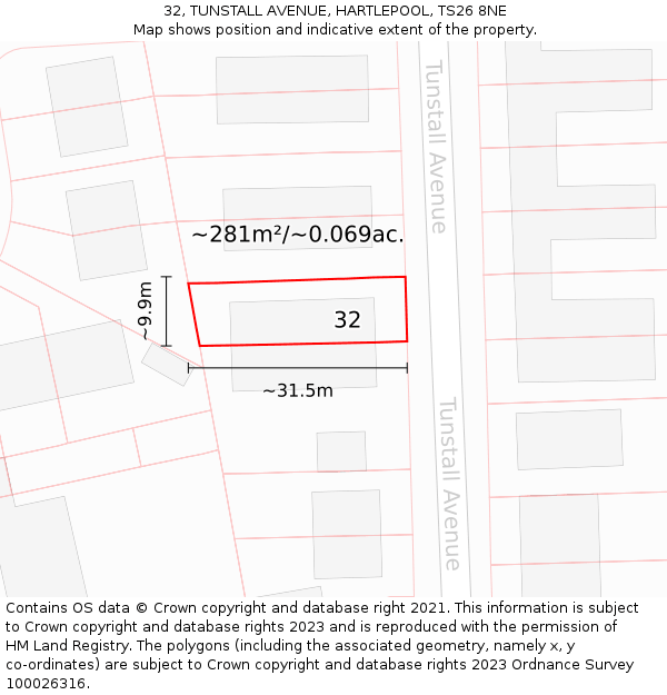 32, TUNSTALL AVENUE, HARTLEPOOL, TS26 8NE: Plot and title map