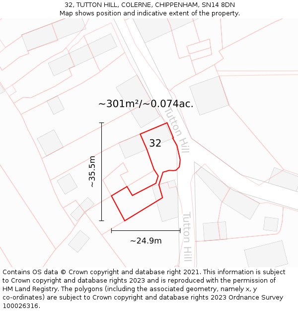 32, TUTTON HILL, COLERNE, CHIPPENHAM, SN14 8DN: Plot and title map