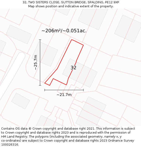32, TWO SISTERS CLOSE, SUTTON BRIDGE, SPALDING, PE12 9XP: Plot and title map