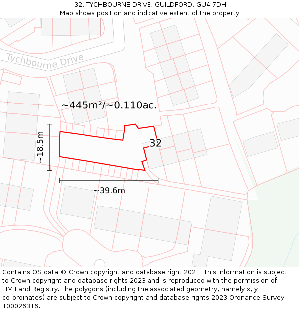 32, TYCHBOURNE DRIVE, GUILDFORD, GU4 7DH: Plot and title map