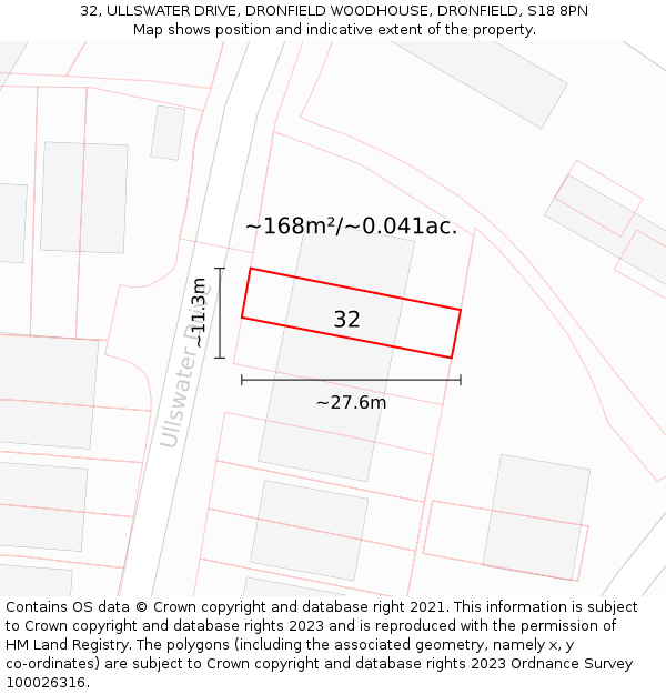 32, ULLSWATER DRIVE, DRONFIELD WOODHOUSE, DRONFIELD, S18 8PN: Plot and title map
