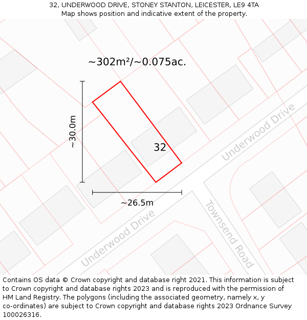 32, UNDERWOOD DRIVE, STONEY STANTON, LEICESTER, LE9 4TA: Plot and title map