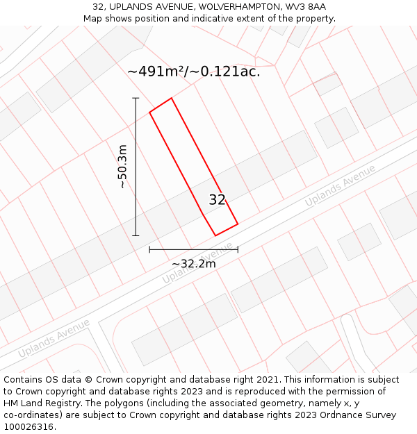 32, UPLANDS AVENUE, WOLVERHAMPTON, WV3 8AA: Plot and title map