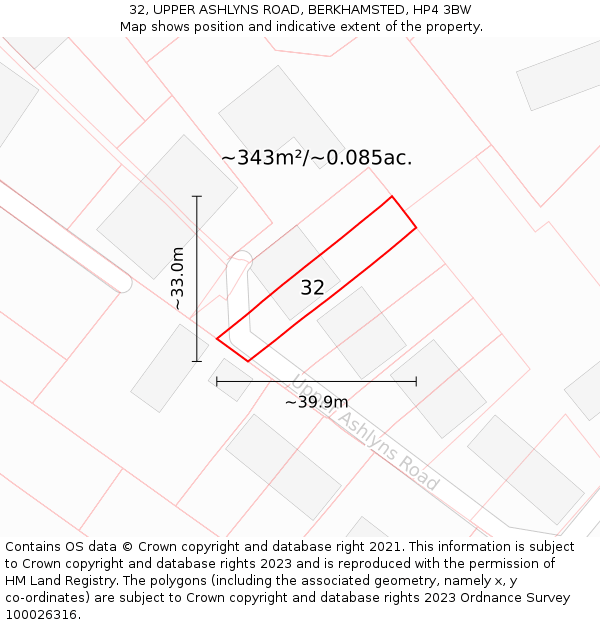 32, UPPER ASHLYNS ROAD, BERKHAMSTED, HP4 3BW: Plot and title map