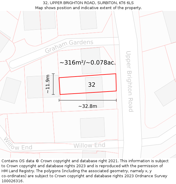 32, UPPER BRIGHTON ROAD, SURBITON, KT6 6LS: Plot and title map
