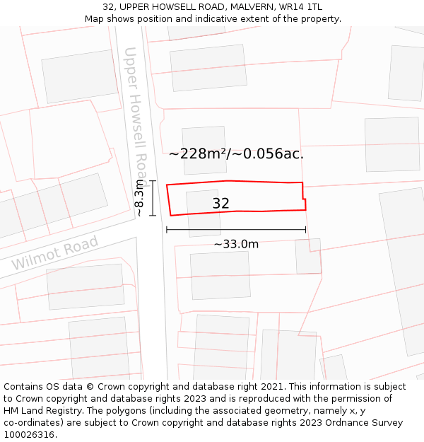 32, UPPER HOWSELL ROAD, MALVERN, WR14 1TL: Plot and title map