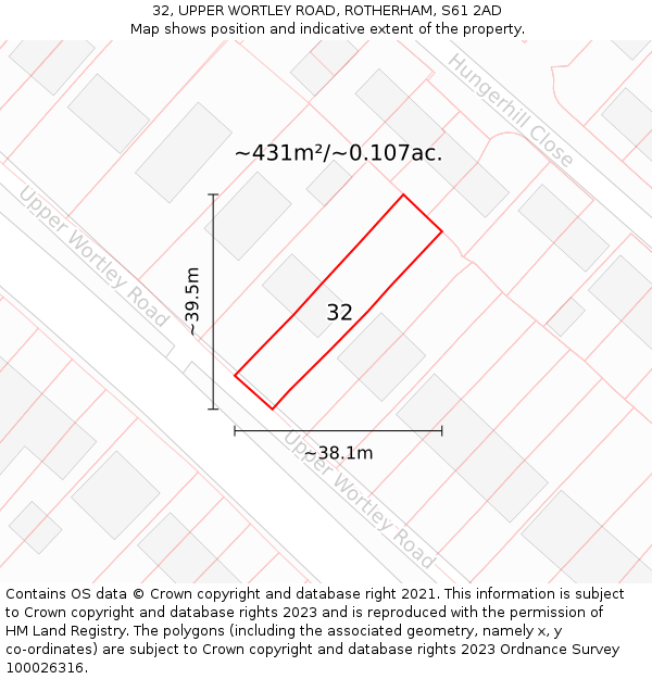 32, UPPER WORTLEY ROAD, ROTHERHAM, S61 2AD: Plot and title map