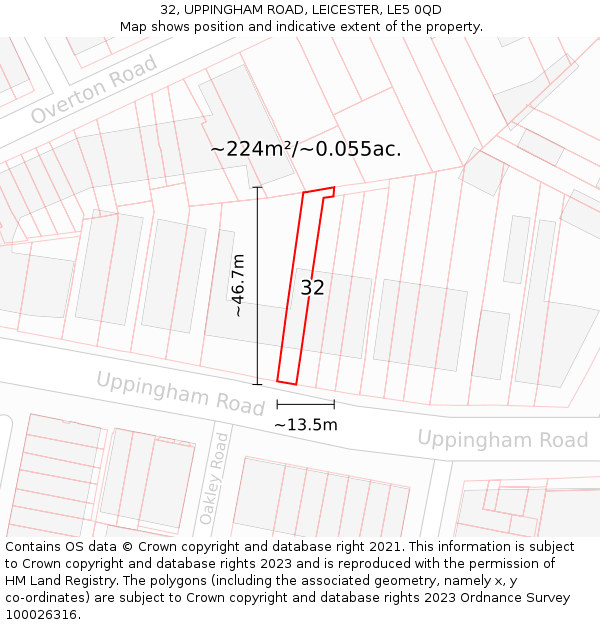 32, UPPINGHAM ROAD, LEICESTER, LE5 0QD: Plot and title map