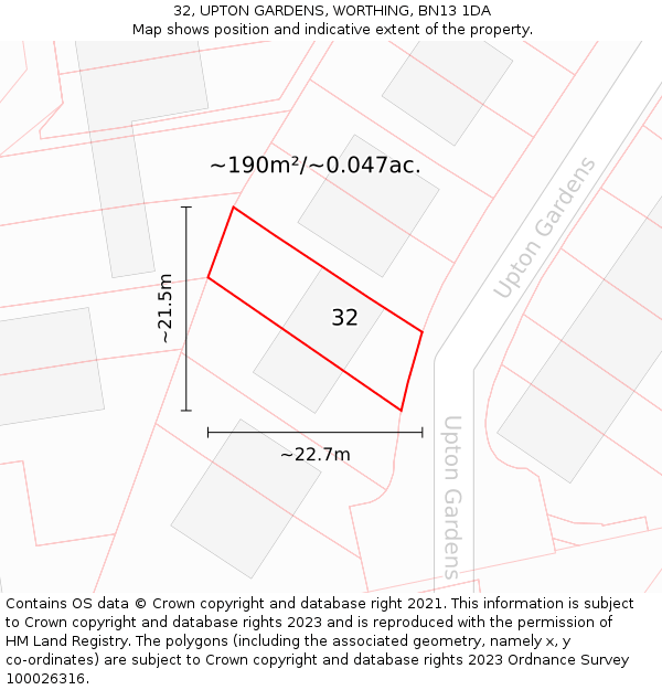 32, UPTON GARDENS, WORTHING, BN13 1DA: Plot and title map