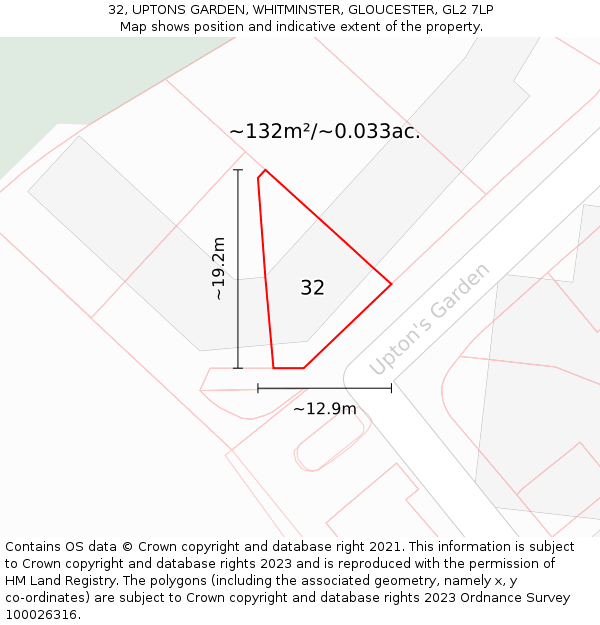 32, UPTONS GARDEN, WHITMINSTER, GLOUCESTER, GL2 7LP: Plot and title map